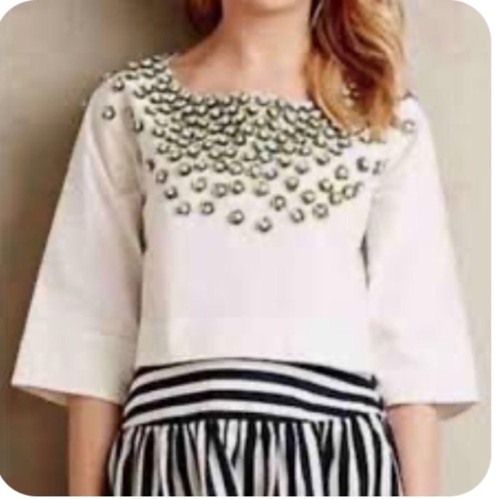 Anthropologie Not So Serious Embellished Blouse Floral White Green